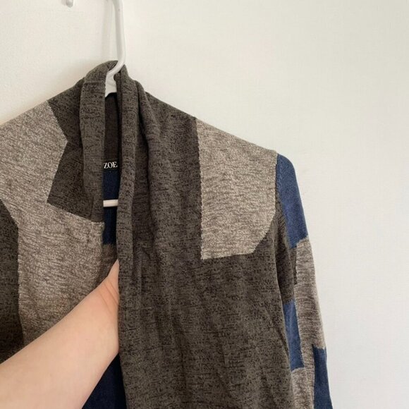 NIC+ZOE Tan Brown ish Blue Colorblock Geo Geometric Open Cardigan PETITE PP / XS - Picture 8 of 15